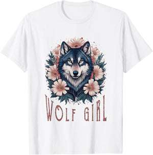 Wolf Girl Liebt Wölfe Frauen Kinder Vintage Floral Wolf T-Shirt - T-Shirt | White