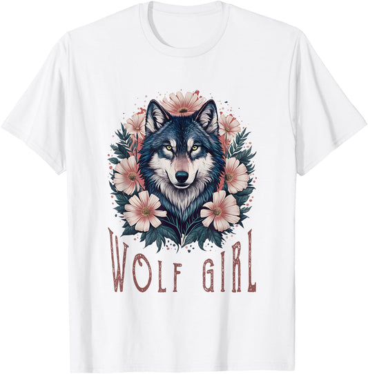 Wolf Girl Liebt Wölfe Frauen Kinder Vintage Floral Wolf T-Shirt - T-Shirt | White