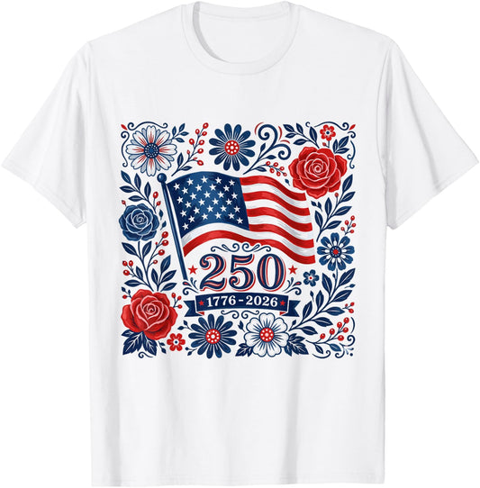 Floral 4th of July American Flag 250 Years 1776-2026 Women T-Shirt - T-Shirt | White