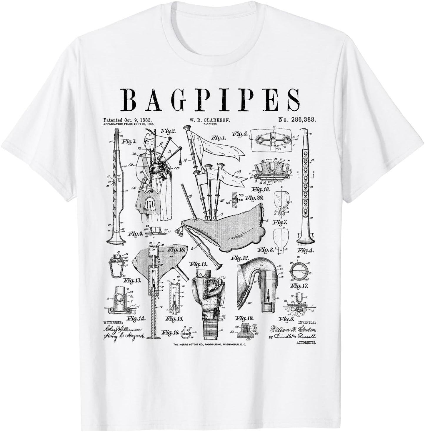 Bagpipe Bagpipe Player Vintage Patent Musician , grey, S T-Shirt - T-Shirt | White