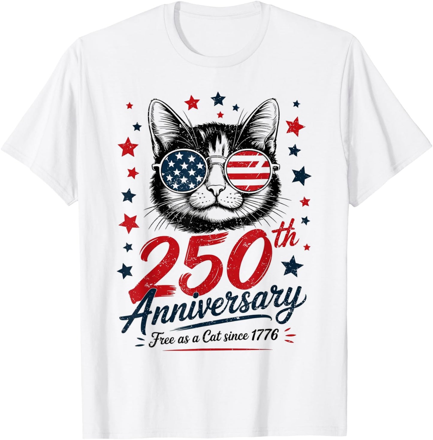 250th Anniversary America USA Flag Sunglasses Cat 250 Years T-Shirt - T-Shirt | White