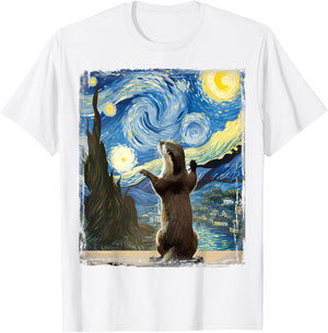 Van Gogh Style Starry Night Otter T-Shirt - T-Shirt | White