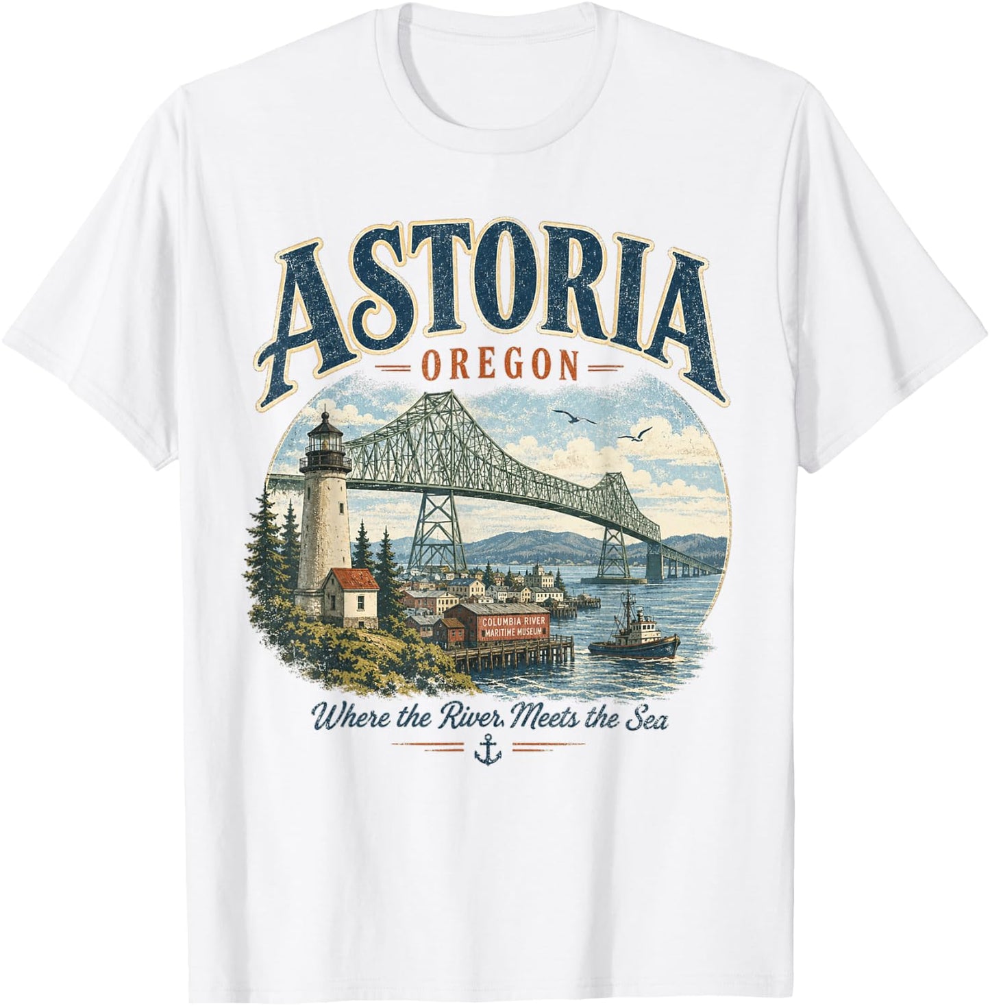 Astoria Oregon- Vintage Columbia River Lighthouse & Bridge T-Shirt - T-Shirt | White