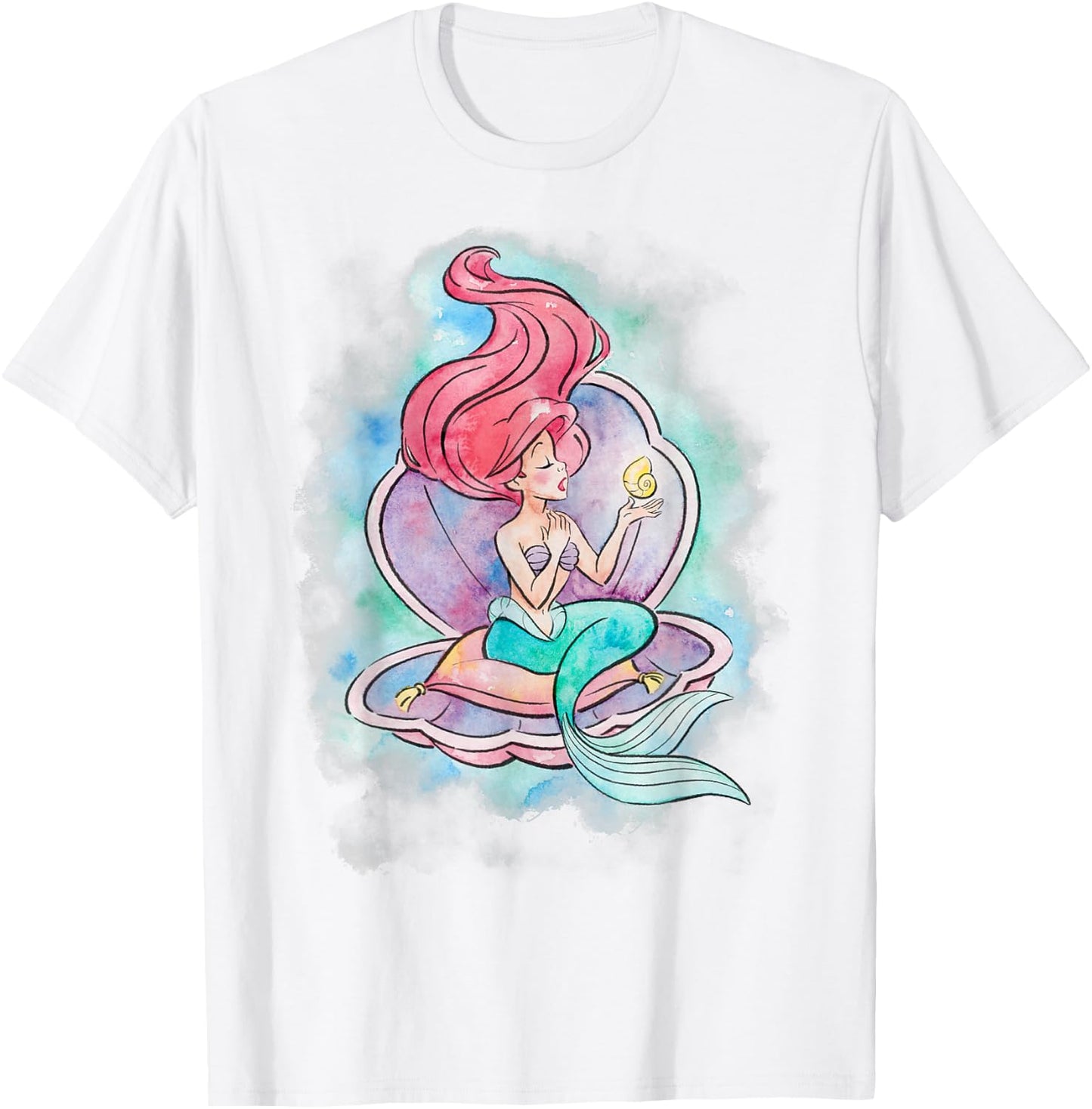 Disney The Little Mermaid Ariel in Shell Watercolor Pose T-Shirt - T-Shirt | White