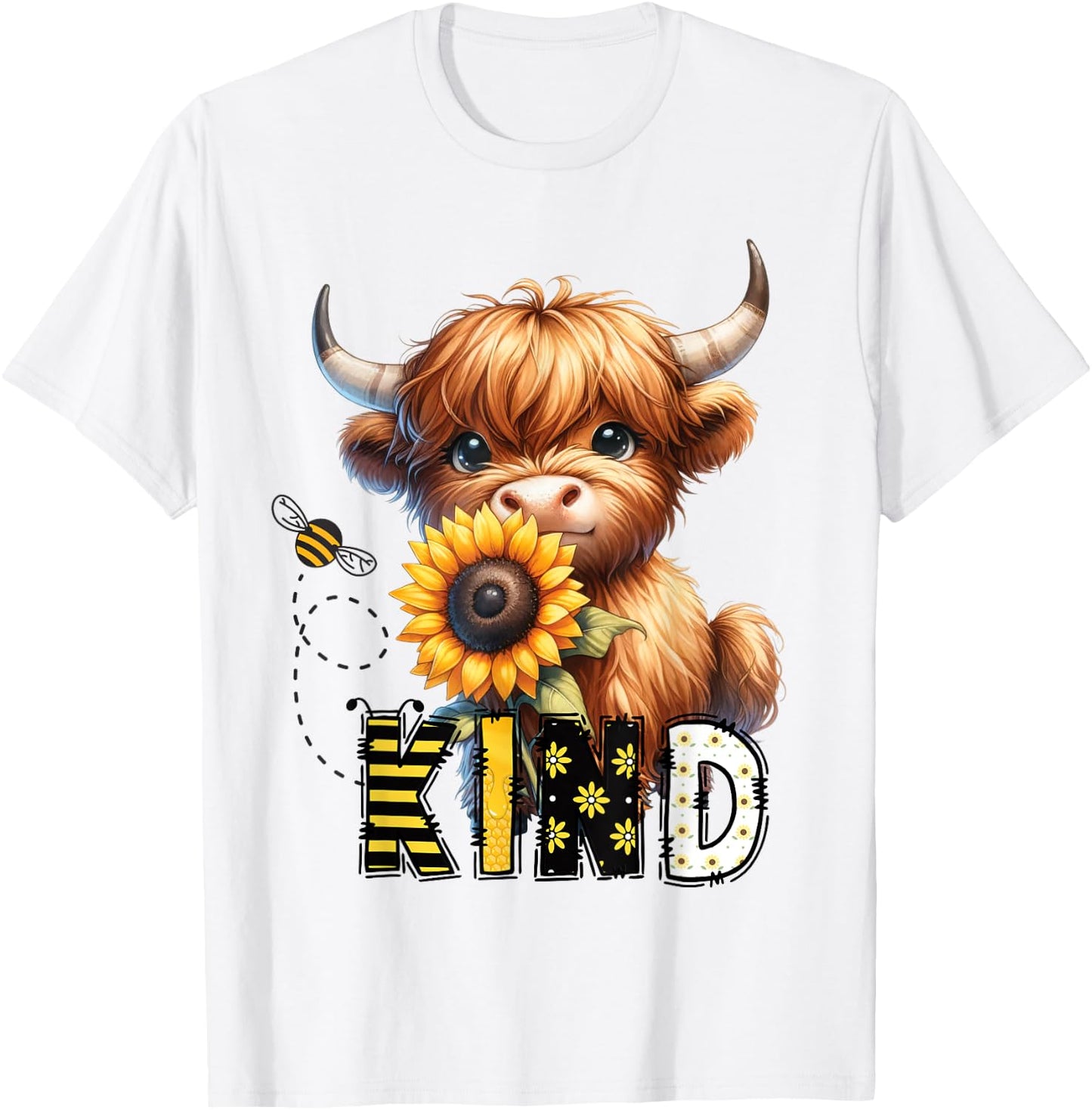 Be Kind Adorable Highland Cow Sunflower Affirmation Kindness , white, S T-Shirt - T-Shirt | White