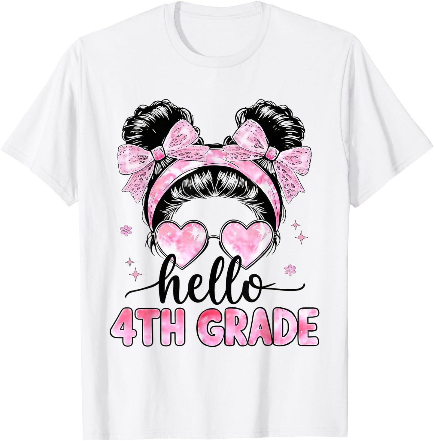 Hello 4th Grade Messy Bun Coquette Back to School Girls T-Shirt - T-Shirt | White
