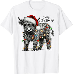 Mooey Christmas Western Highland Cow Santa T-Shirt - T-Shirt | White