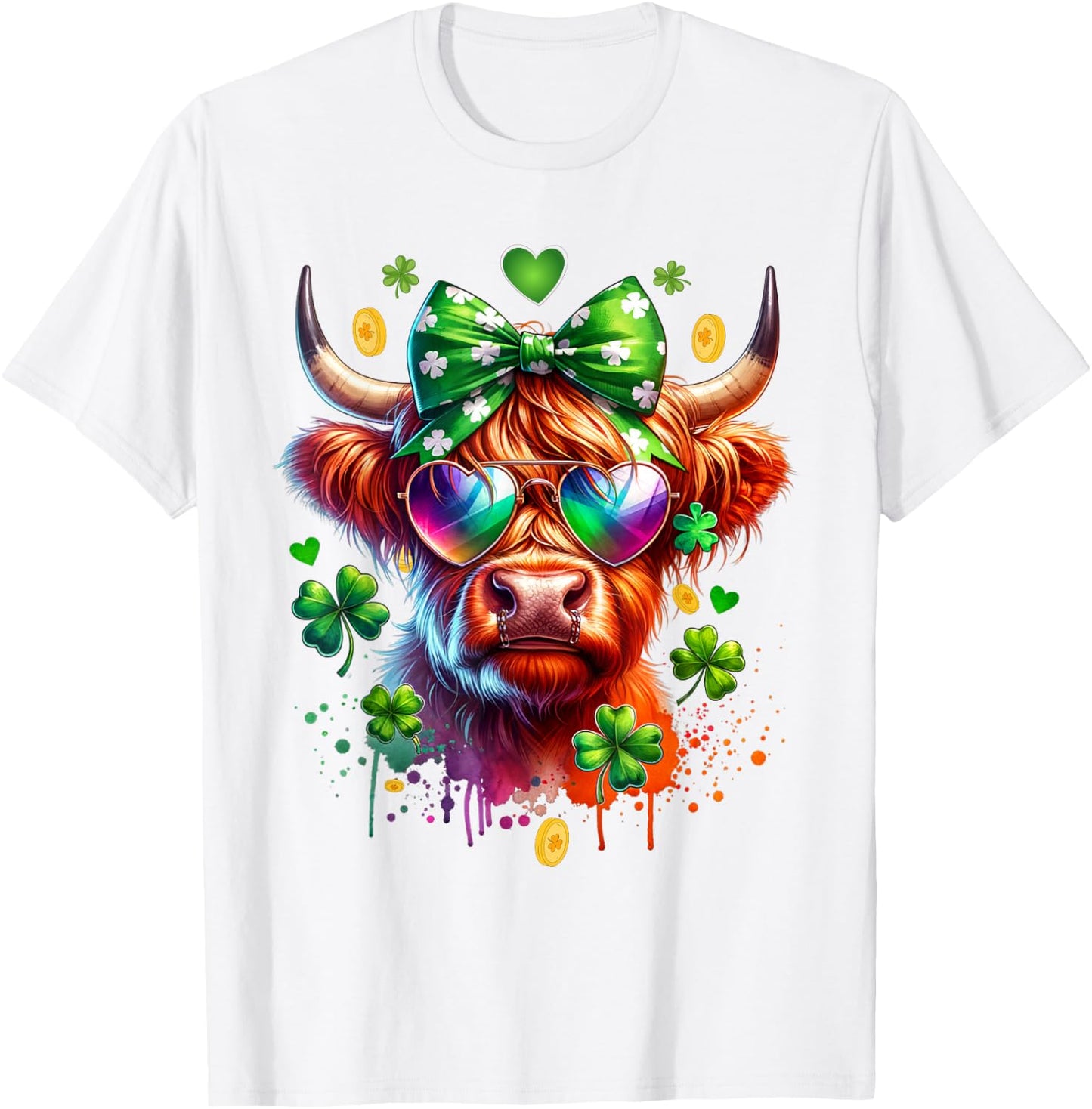 Cute Highland Cow With Sunglasses St Patricks Day Funny T-Shirt - T-Shirt | White
