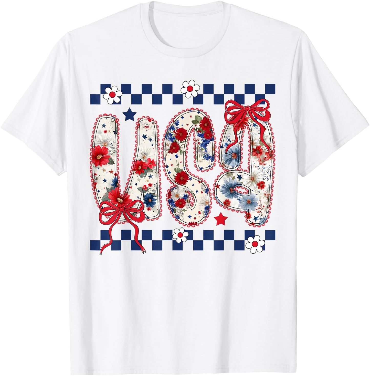 Cute USA Bow Floral Coquette 4th of July Girls T-Shirt - T-Shirt | White