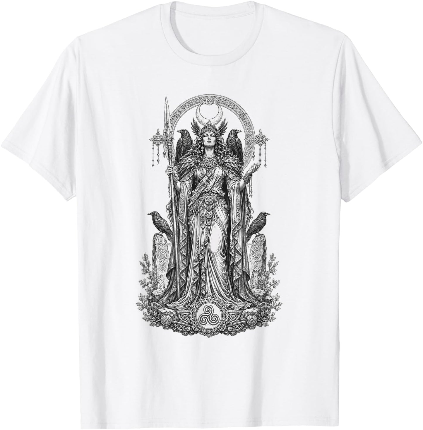 Morrigan Celtic Raven Goddess Sacred Warrior Line Art T-Shirt - T-Shirt | White