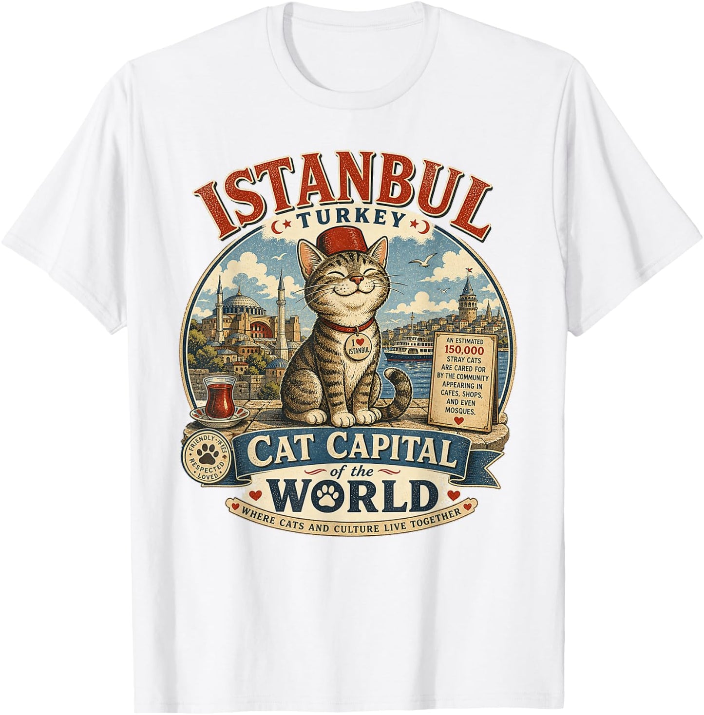 Istanbul, Turkey - Cat Capital - Vintage Logo Graphic T-Shirt - T-Shirt | White