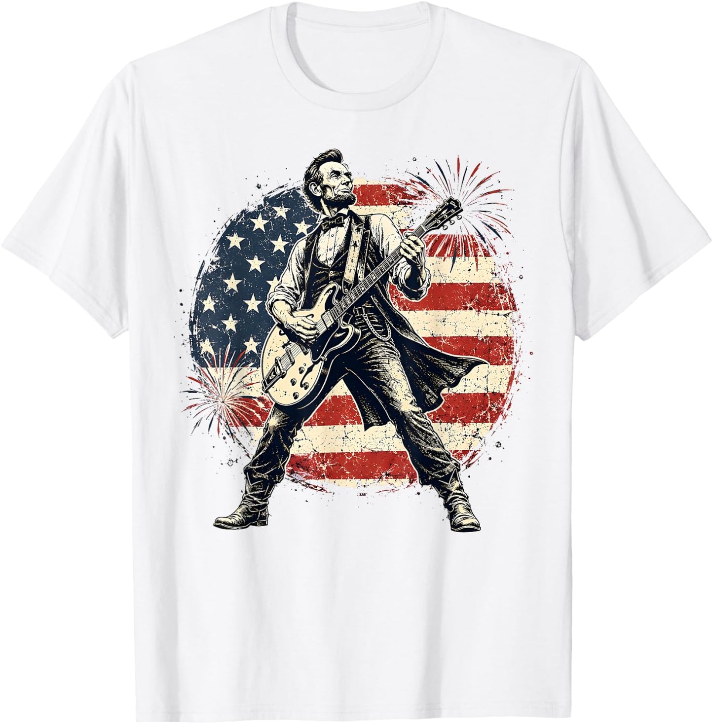 Lincoln Guitar 4th of July Fireworks 250th Anniversary USA T-Shirt - T-Shirt | White