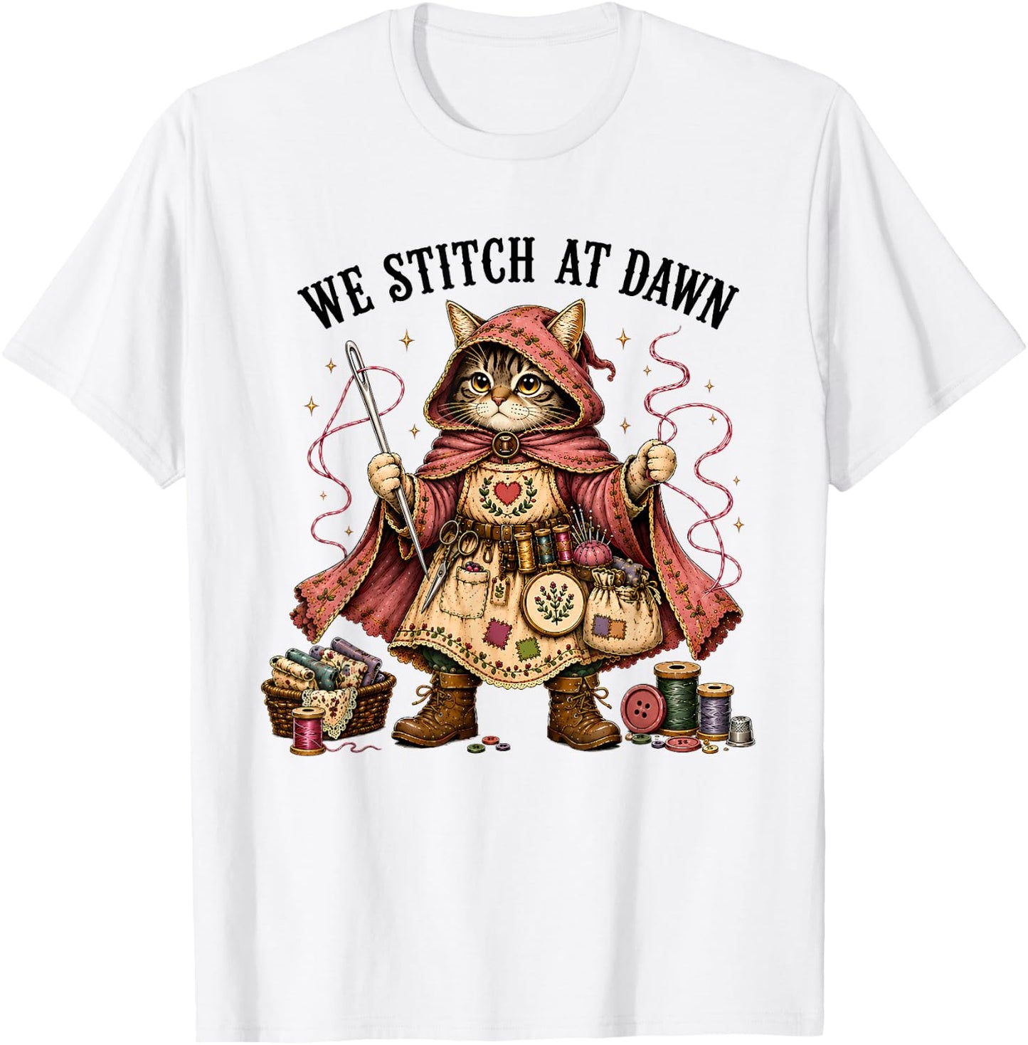 We Stitch At Dawn Funny Sewing Quilting Cat T-Shirt - T-Shirt | White