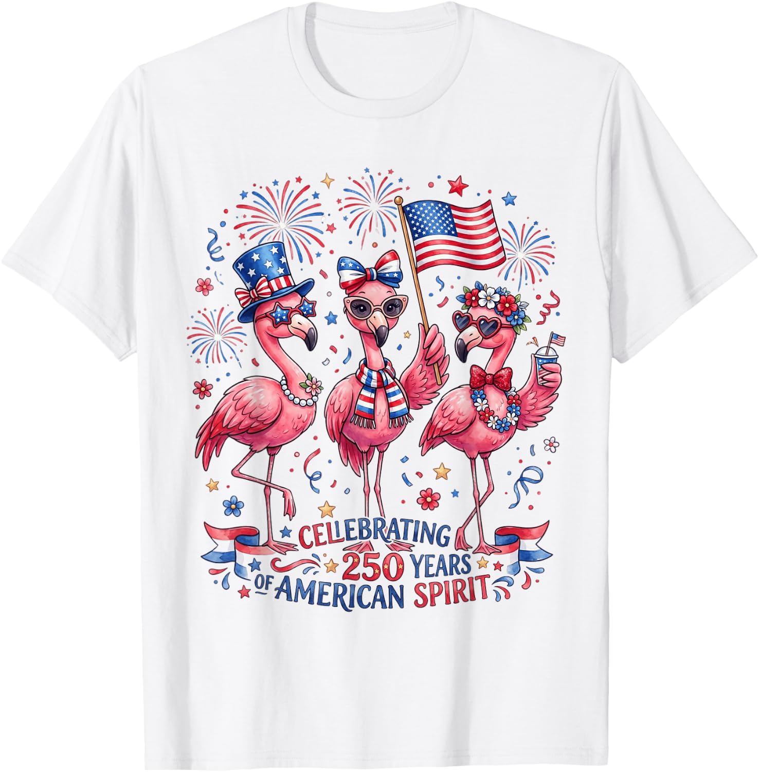 Patriotic Flamingo American Spirit 250 Years Celebration T-Shirt - T-Shirt | White