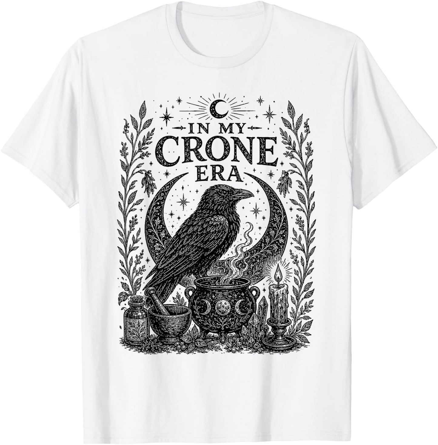 in My Crone Era Gothic Raven Cauldron Funny Crow T-Shirt - T-Shirt | White
