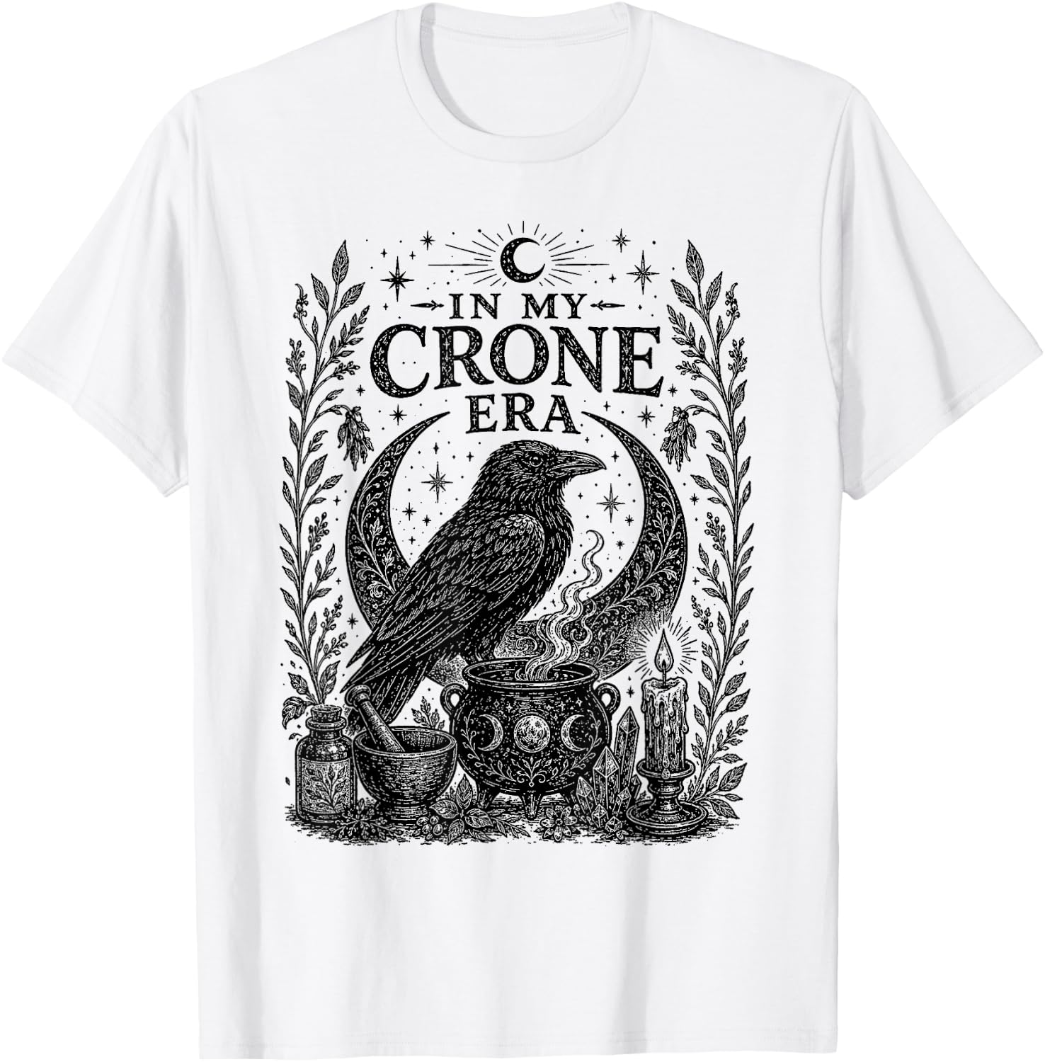in My Crone Era Gothic Raven Cauldron Funny Crow T-Shirt - T-Shirt | White