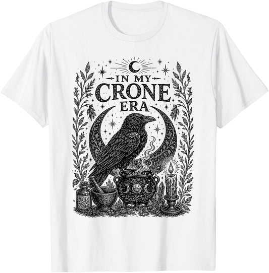 in My Crone Era Gothic Raven Cauldron Funny Crow T-Shirt - T-Shirt | White