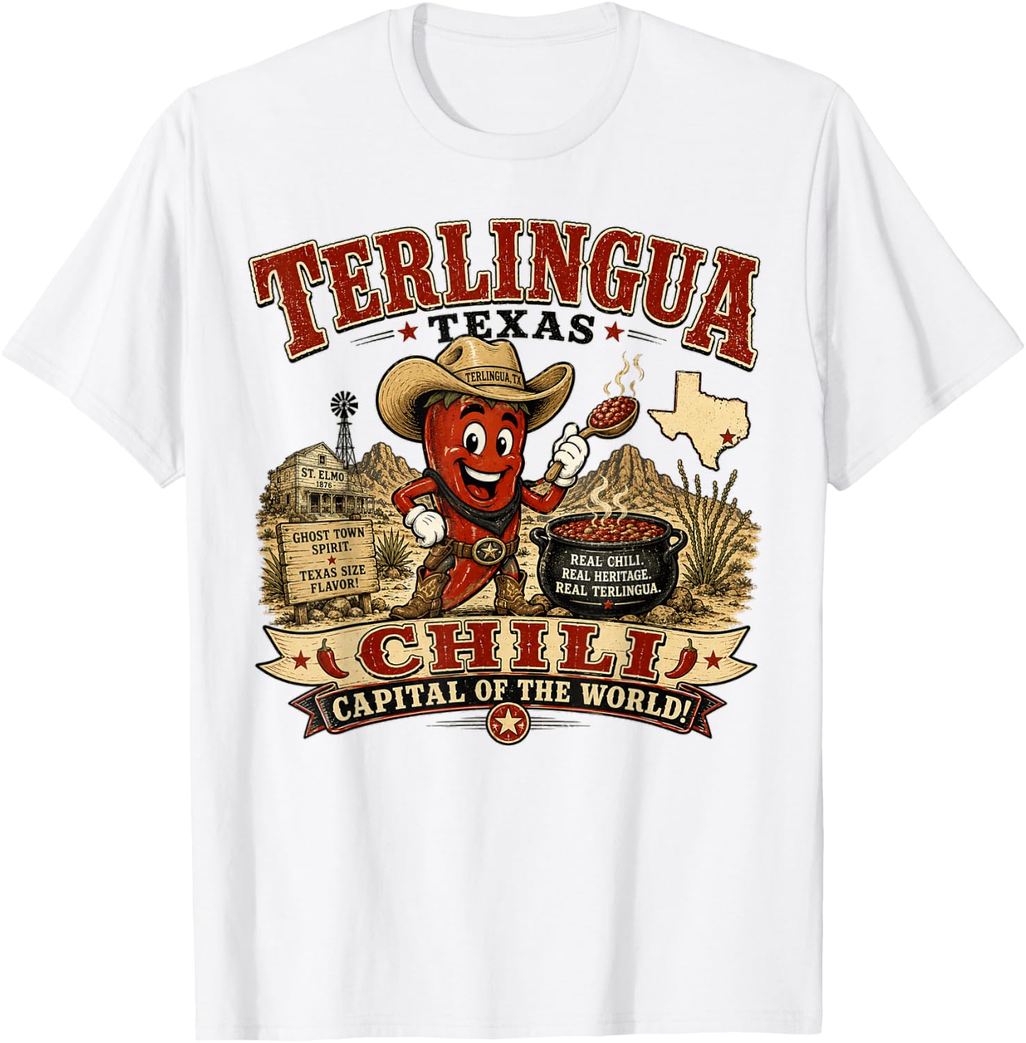 Terlingua Texas Chili Capital - Vintage Chili Pepper Mascot T-Shirt - T-Shirt | White