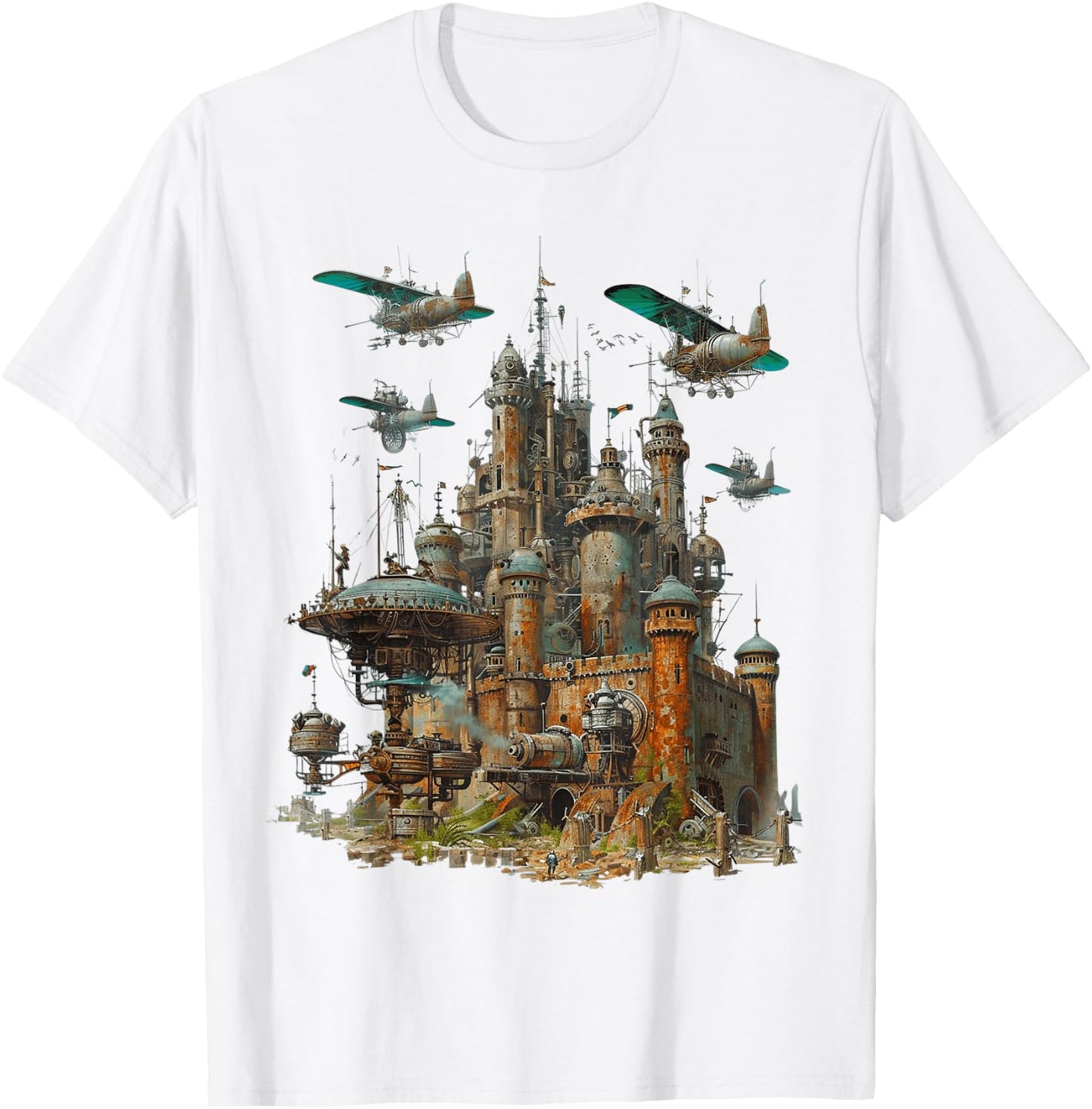 Steampunk Castle With Planes Vintage , white, S T-Shirt - T-Shirt | White
