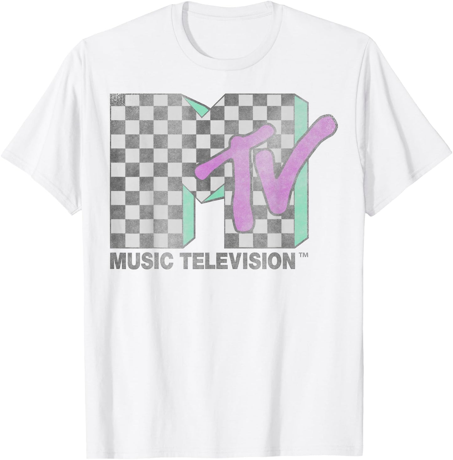 MTV Checkered Distressed Retro Logo Short Sleeve T-Shirt - T-Shirt | White