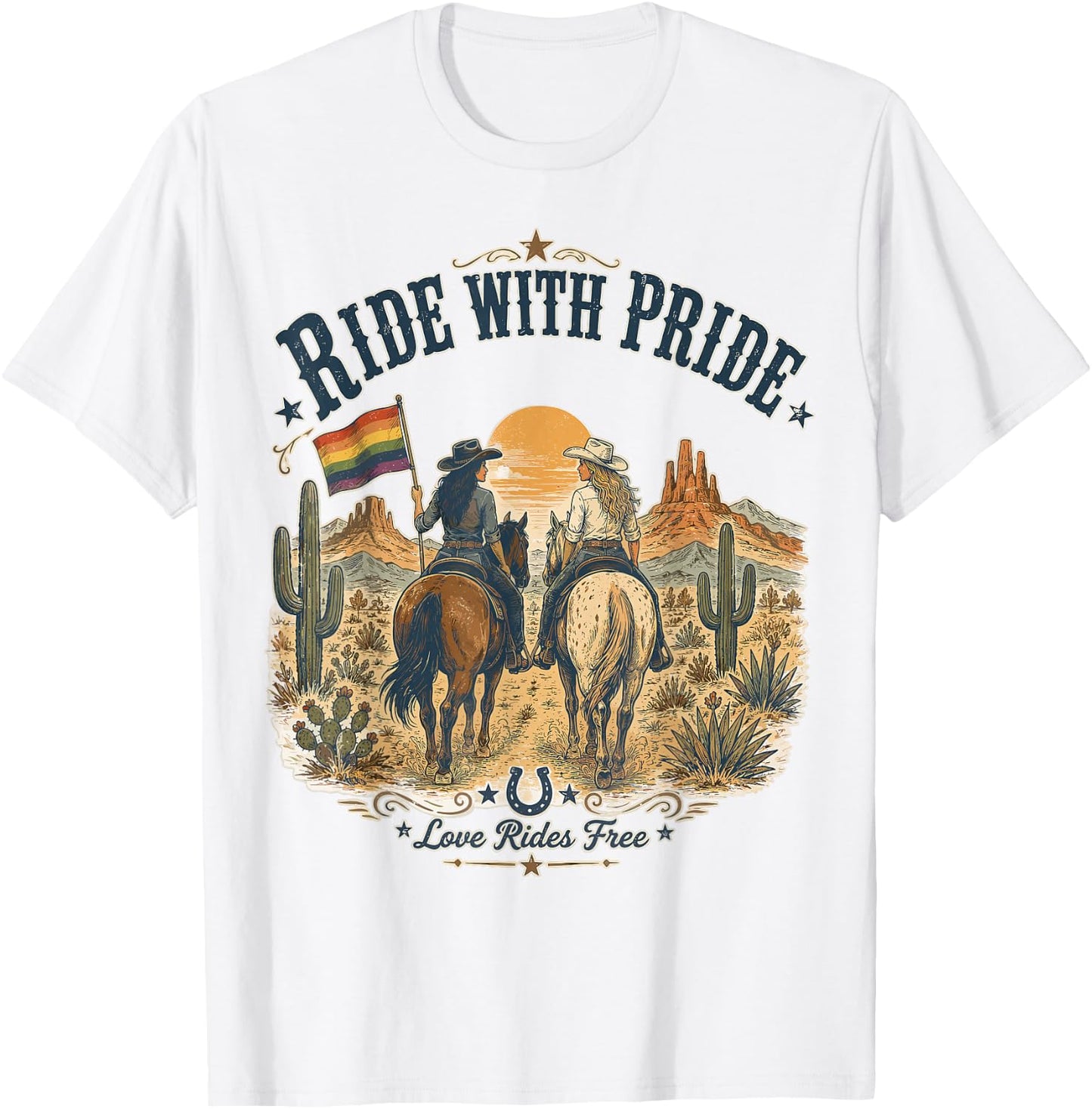 Funny Ride with Pride Lesbian Pride Western LGBTQ Cowgirl T-Shirt - T-Shirt | White