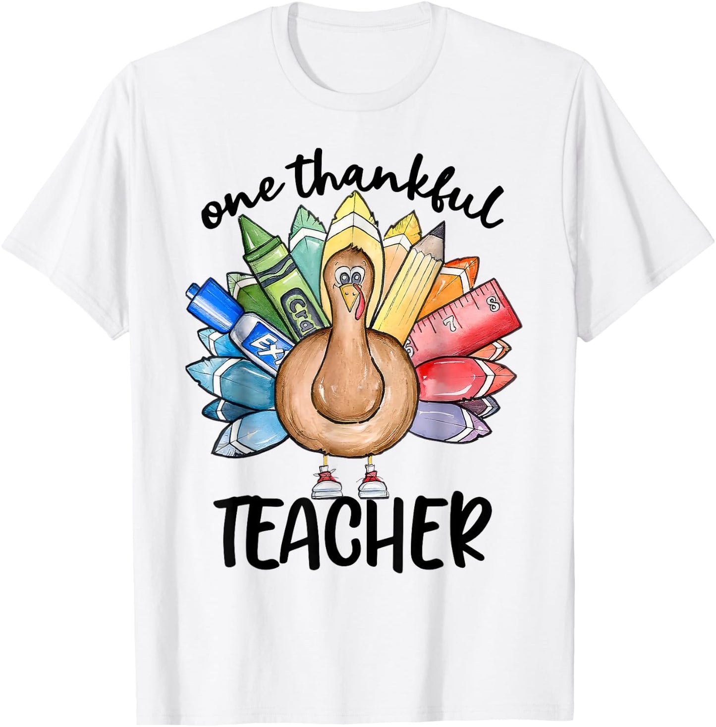 One Thankful Teacher Turkey Pencil Thanksgiving Teachers T-Shirt - T-Shirt | White