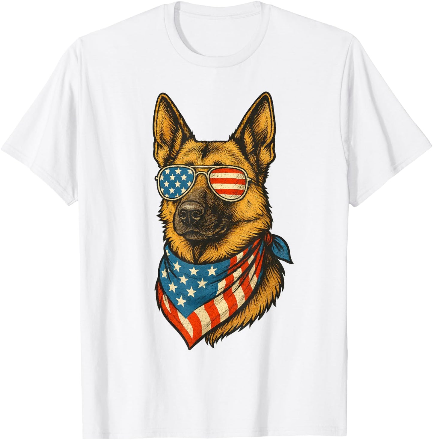 German Shepherd Dog American Flag 4th of July Sunglasses T-Shirt - T-Shirt | White