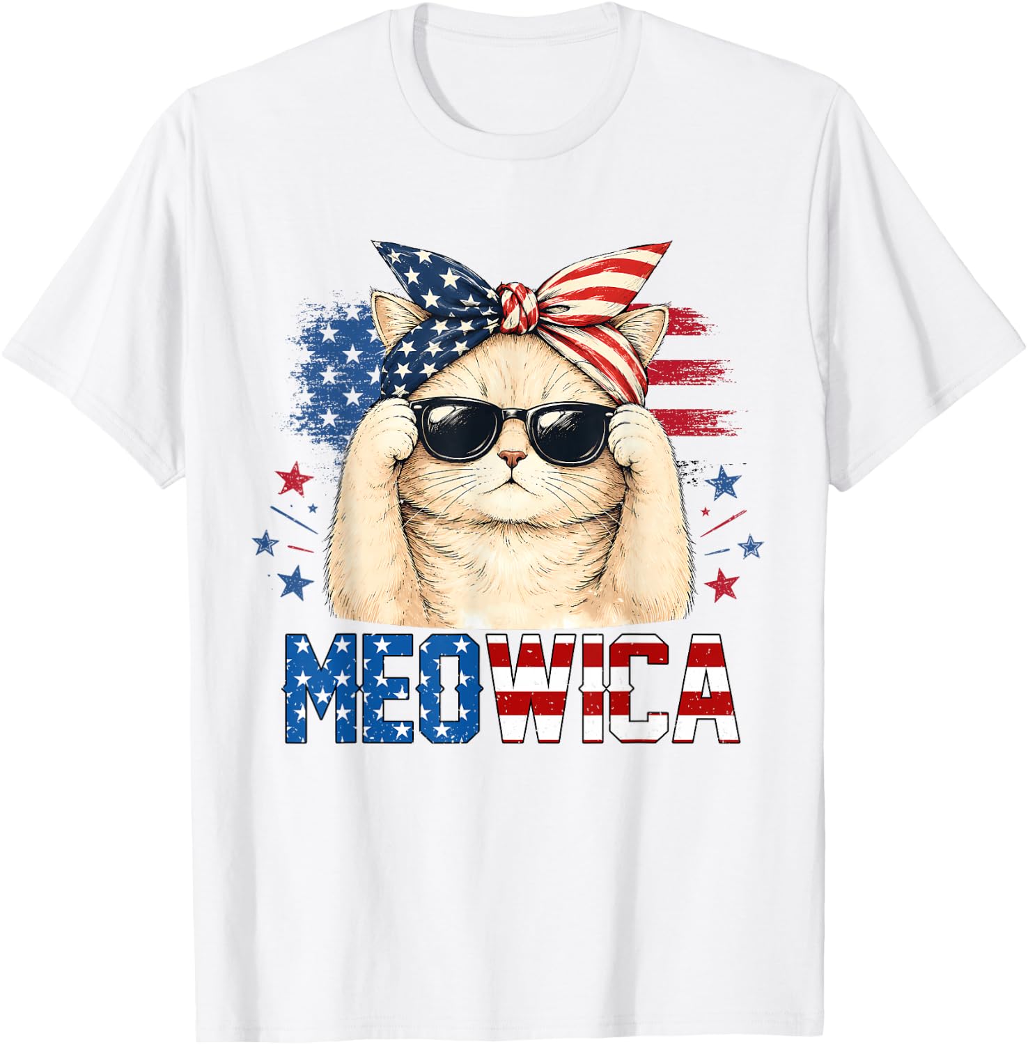 Meowica 4th of July Patriotic Cat American Flag Women Girls T-Shirt - T-Shirt | White