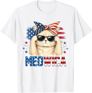 Meowica 4th of July Patriotic Cat American Flag Women Girls T-Shirt - T-Shirt | White