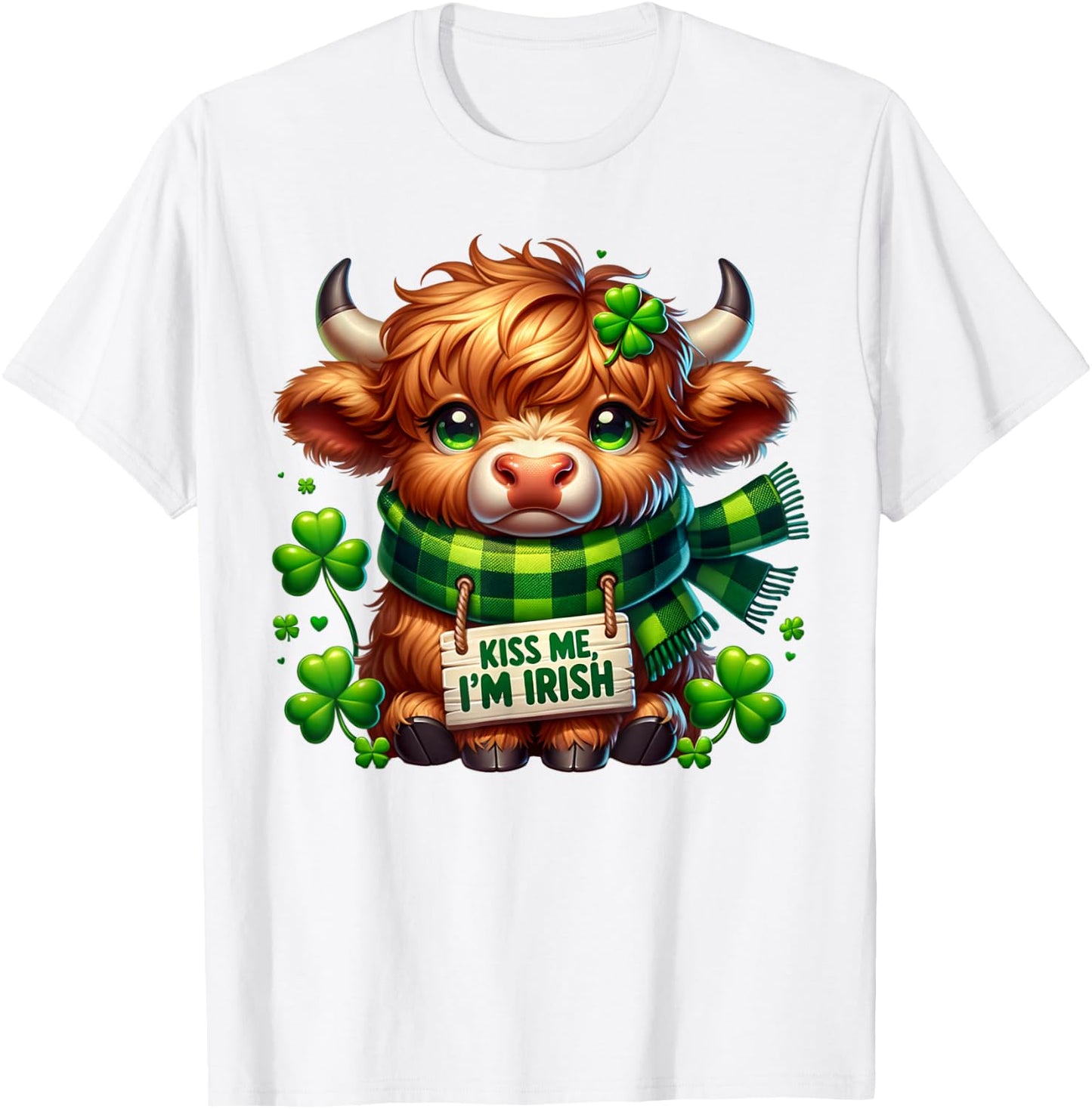 Kiss Me I'm Irish Cute Little Highland Cow Four Leaf Clovers T-Shirt - T-Shirt | White