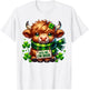 Kiss Me I'm Irish Cute Little Highland Cow Four Leaf Clovers T-Shirt - T-Shirt | White