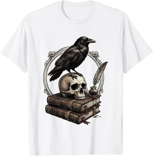 Dark Academia Raven Skull Books T-Shirt - T-Shirt | White