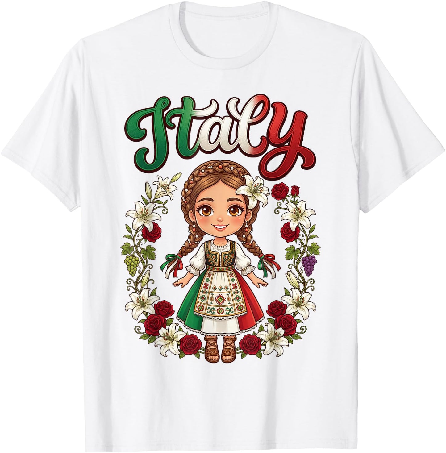 Cute Italy Girl Traditional Dress with Flowers for Kids T-Shirt - T-Shirt | White