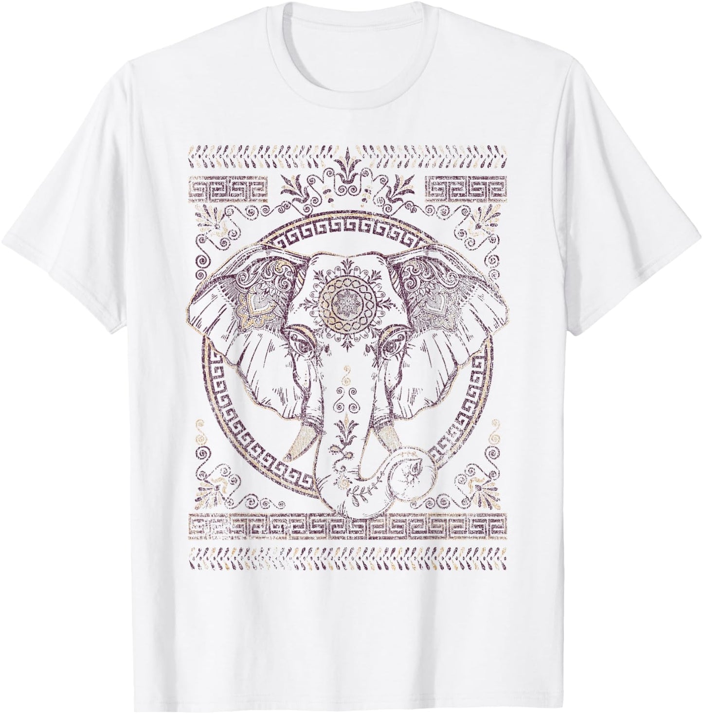 Purple And Gold Boho Elephant Graphic T-Shirt - T-Shirt | White