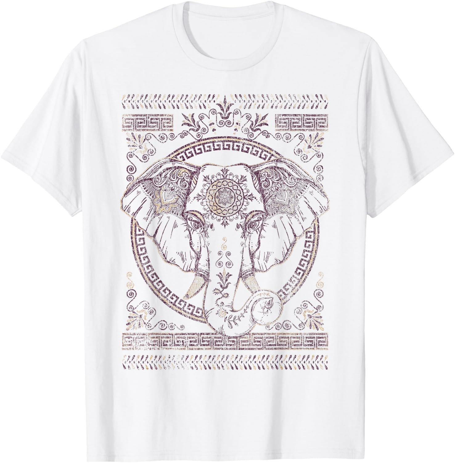 Purple And Gold Boho Elephant Graphic T-Shirt - T-Shirt | White