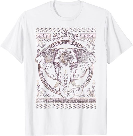 Purple And Gold Boho Elephant Graphic T-Shirt - T-Shirt | White