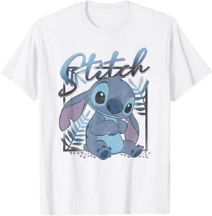 Disney Lilo & Stitch Tropic Blue Leaf Stitch , White T-Shirt - T-Shirt | White