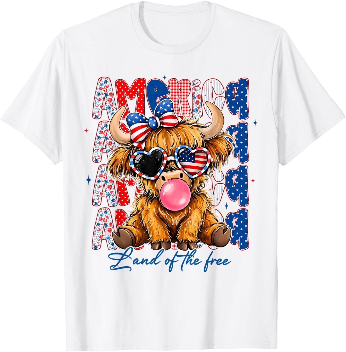 America 1776-2026 Land of The Free Highland Cow 4th of July T-Shirt - T-Shirt | White