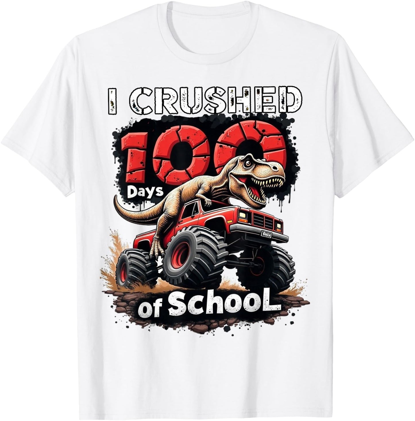 I Crushed 100 Days of School Dinosaur Monster Truck Boy T-Shirt - T-Shirt | White