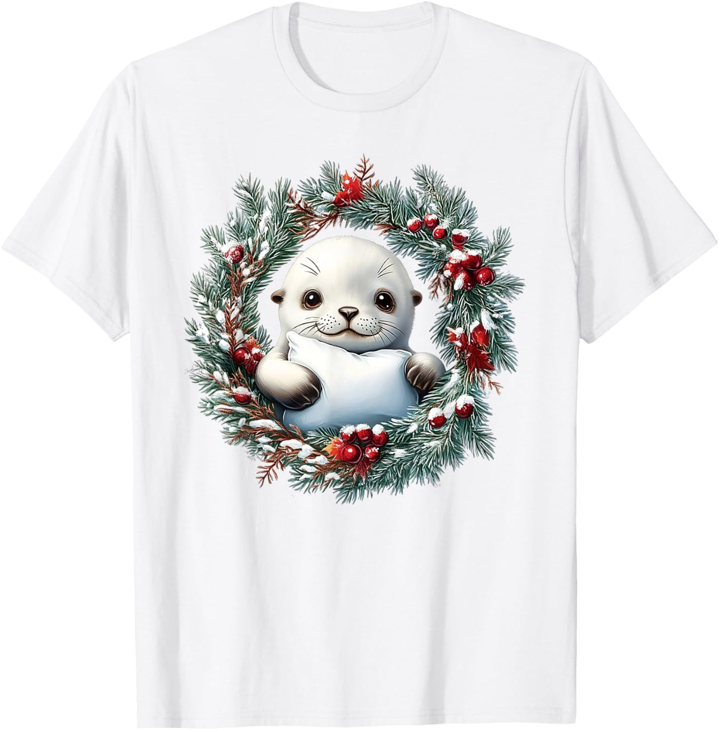 A Happy Baby Harp Seal In A Christmas Wreath With A Red Bow T-Shirt - T-Shirt | White