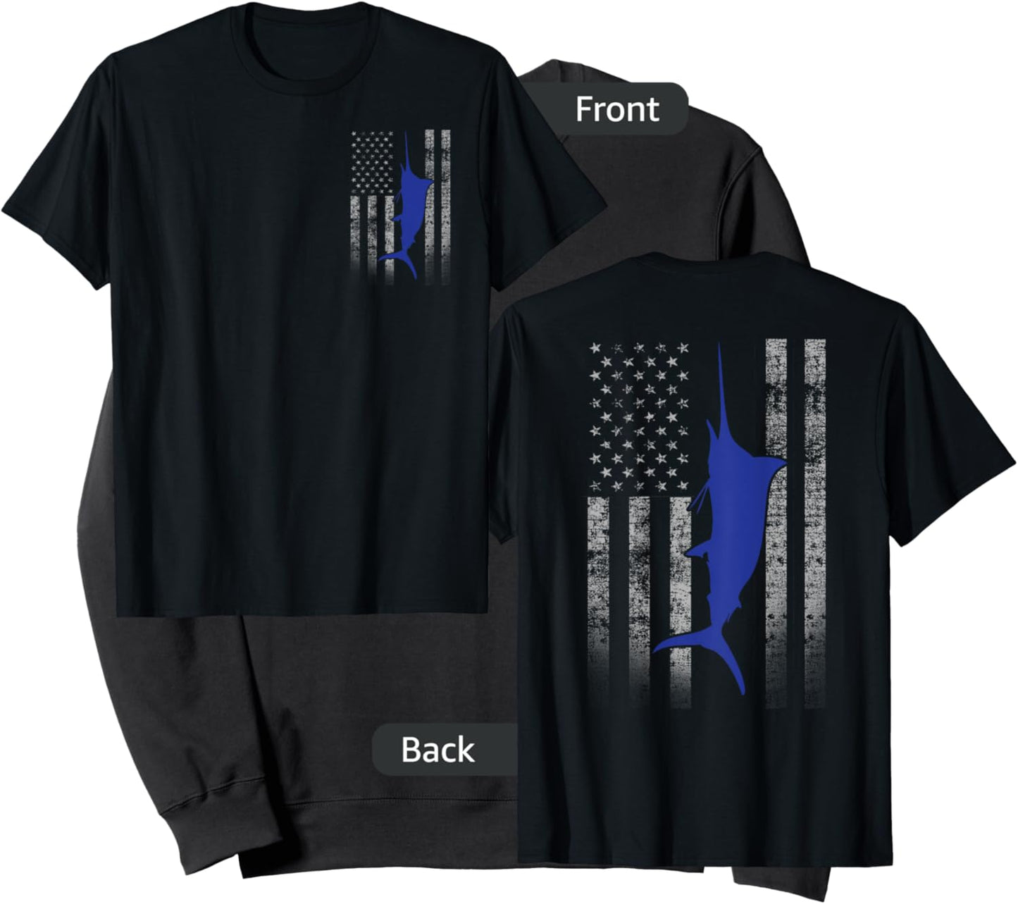 Two-Sided Marlin Flag Shirt - Blue Marlin on US Flag Sweatshirt - Sweatshirt | Black