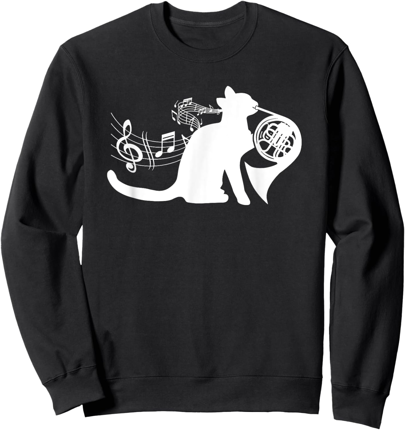 Cool Cat Playing French Horn Musician Orchestra Music Sweatshirt - Sweatshirt | Black