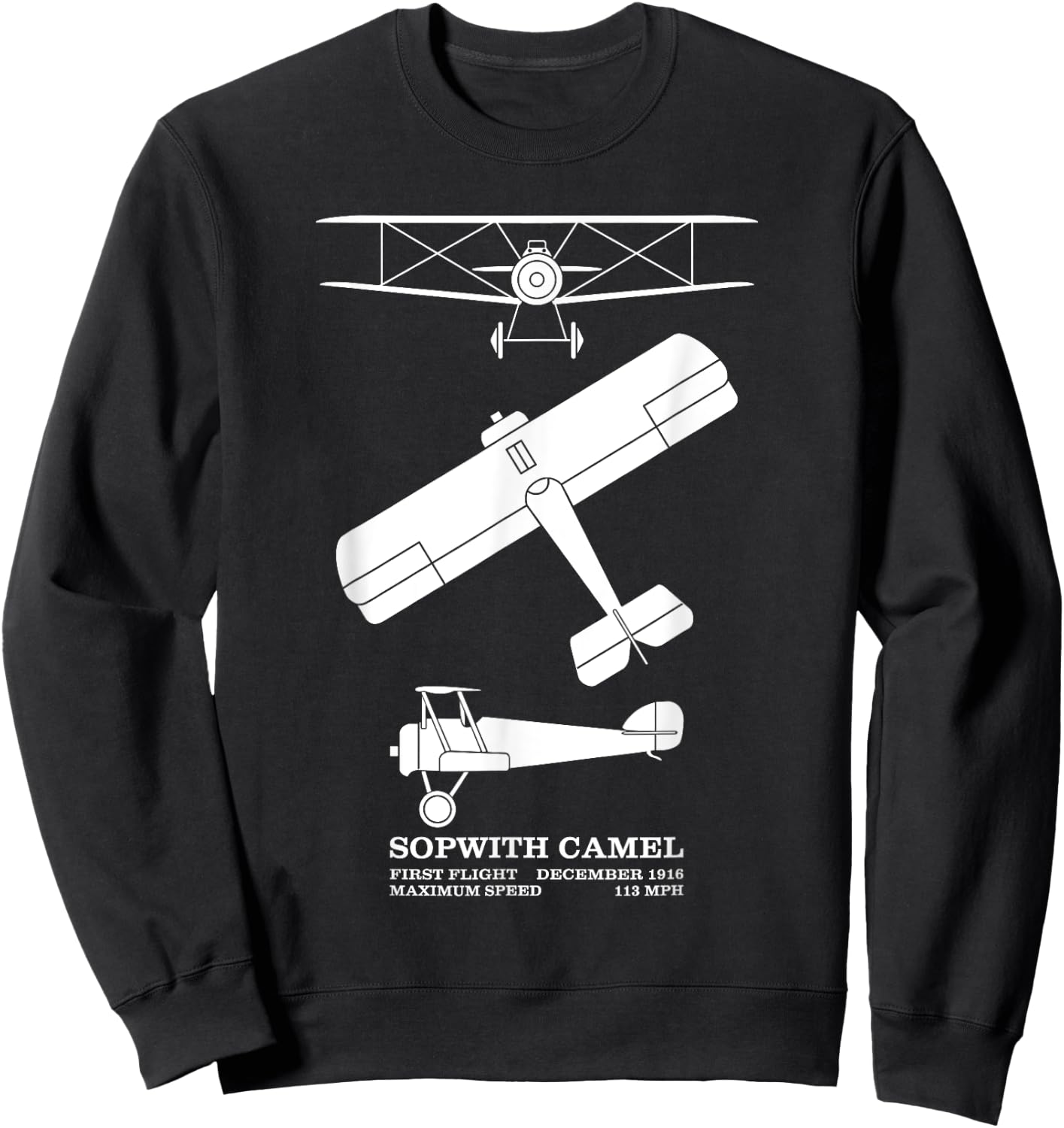 Sopwith Camel British WW1 Biplane Silhouette Diagrams Sweatshirt - Sweatshirt | Black