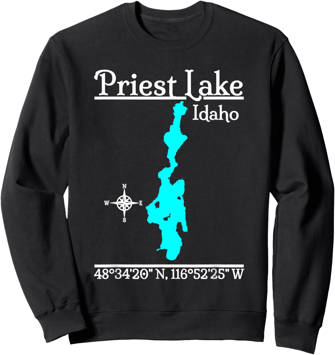 Designed by GeoGearCo - Men's -Adults, -Kids Black Classic Fit Cotton, Cotton Blend Short Sleeve - Priest Lake - Idaho Sweatshirt - Sweatshirt | Black