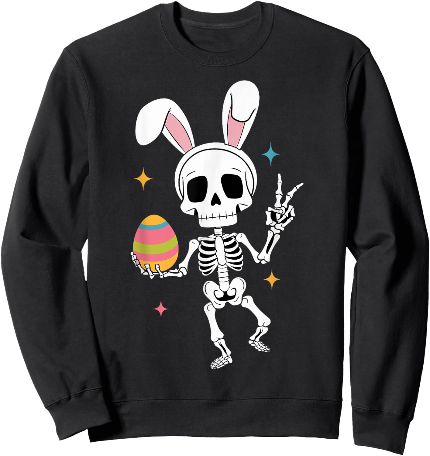 Funny Easter Skeleton Bunny Ears Holding Egg Peace Sign Sweatshirt - Sweatshirt | Black