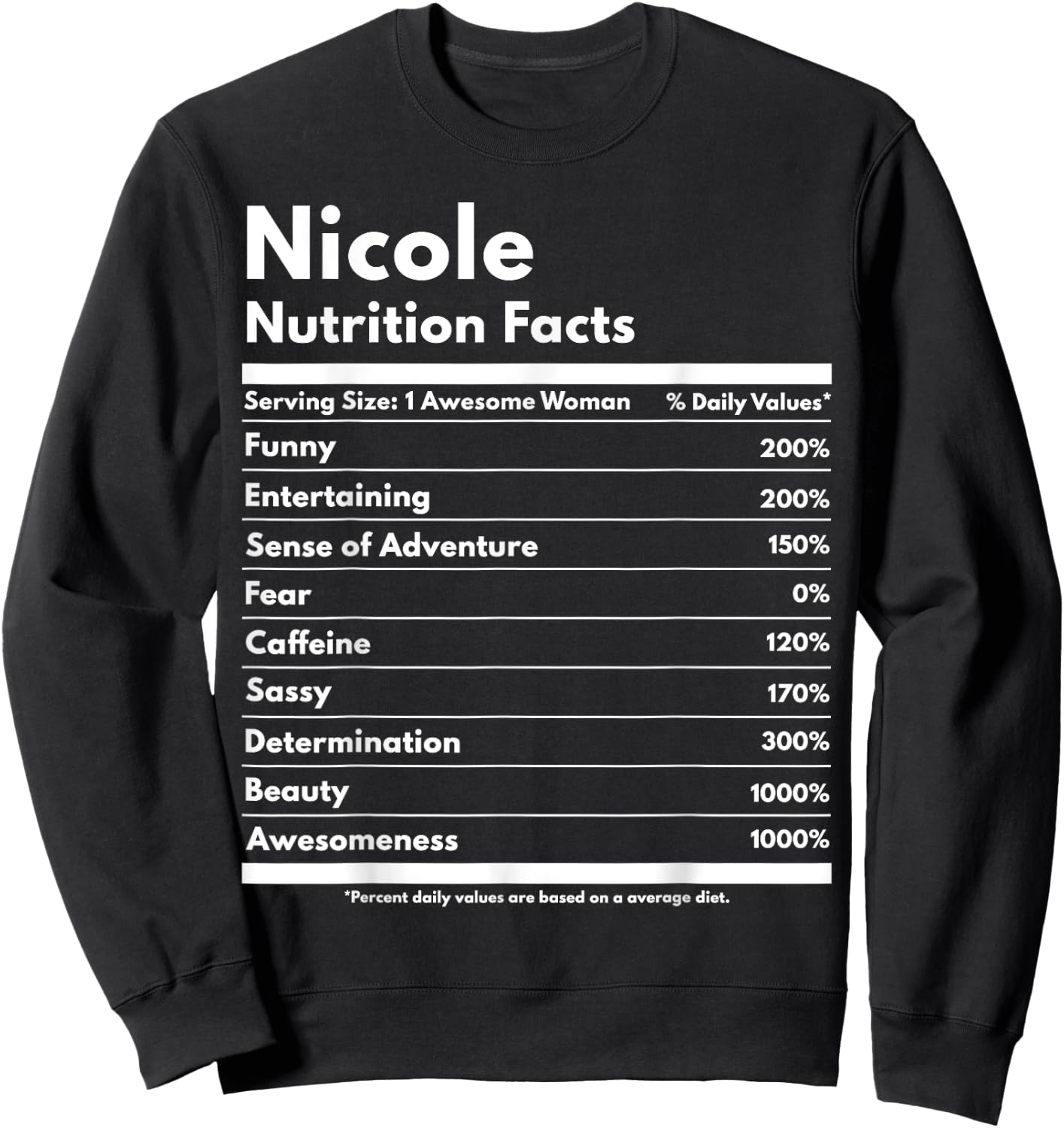 Nicole Nutrition Facts Gift Funny Personalized Name Nicole Sweatshirt - Sweatshirt | Black