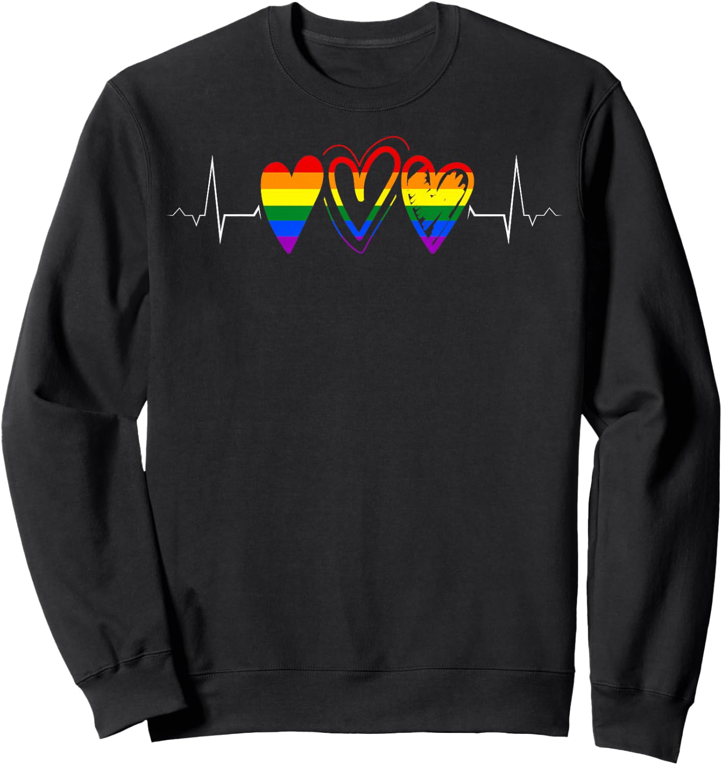 Triple Rainbow Hearts Heartbeat LGBTQ+ Pride Sweatshirt - Sweatshirt | Black