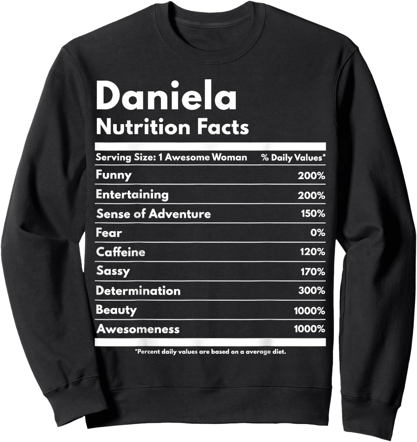 That's My Name Co. Daniela Daniela Nutrition Facts Funny Personalized Name Daniela Black Cotton Polyester Modern Letter Print Short Sleeve Classic Fit Pull On Sweatshirt - Sweatshirt | Black