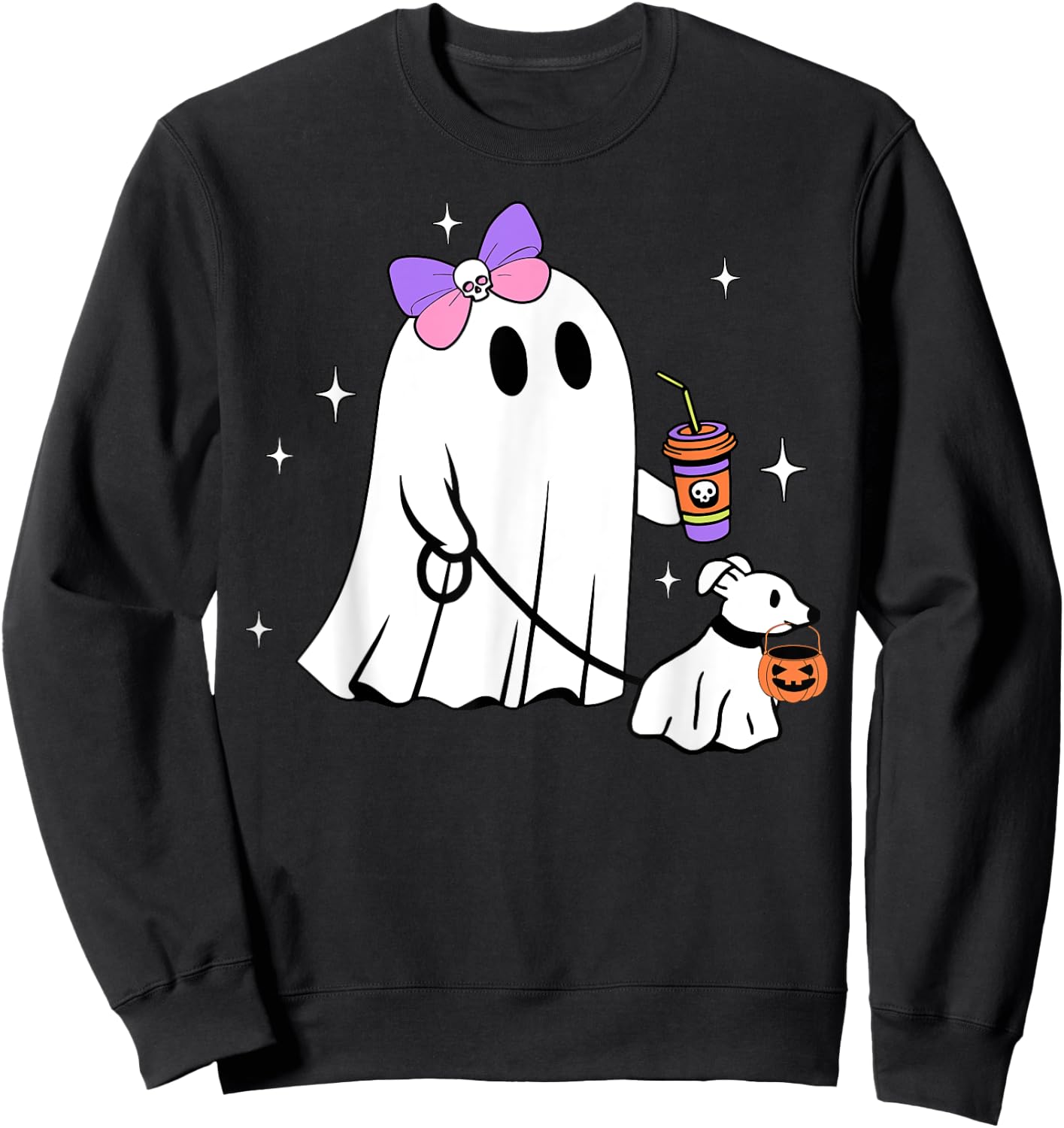 Halloween Cute Ghost Walking Dog Spooky Coquette Ghost Women Sweatshirt - Sweatshirt | Black