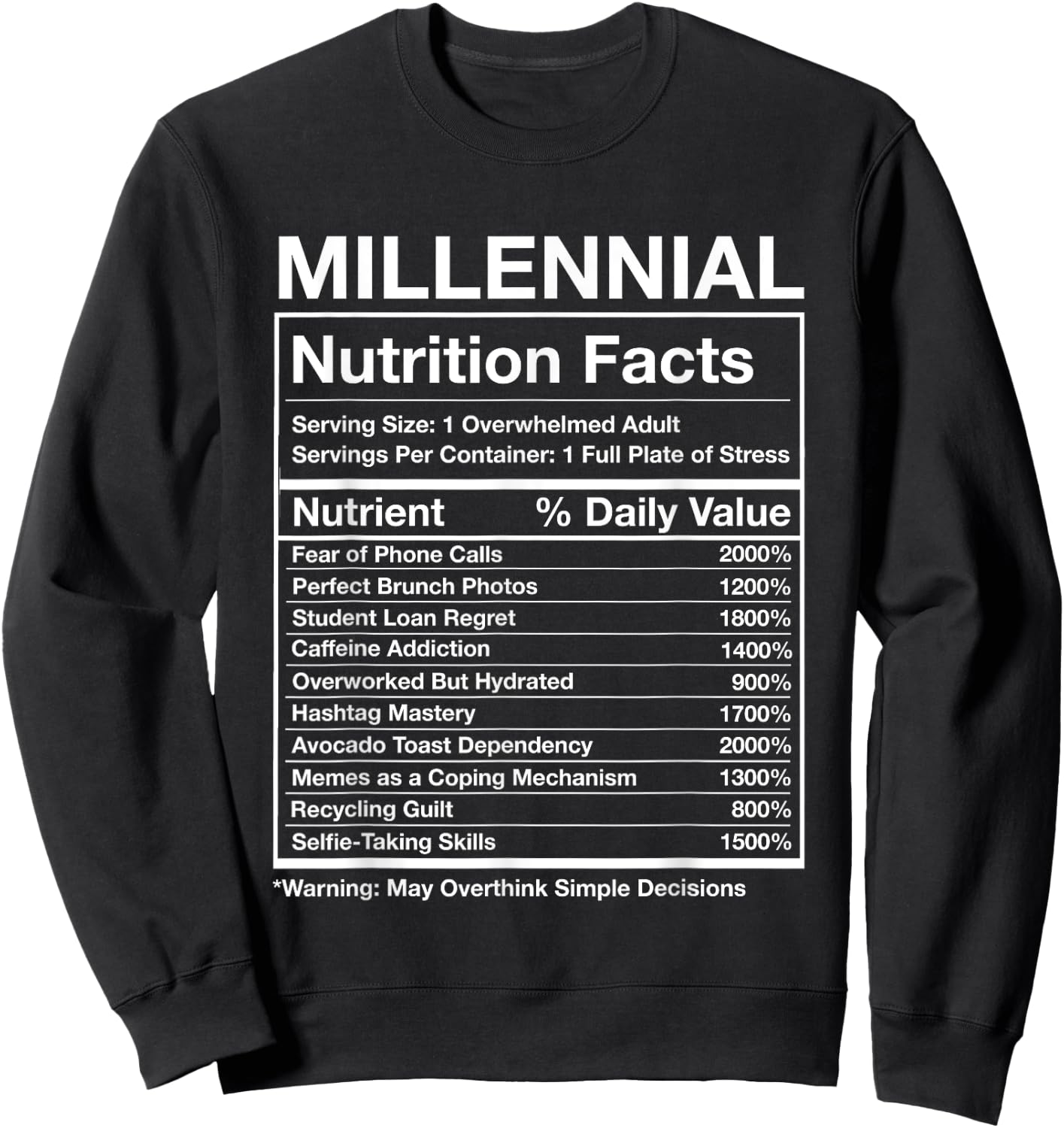 Millennial Nutrition Facts - Funny Generation Meme Sweatshirt - Sweatshirt | Black